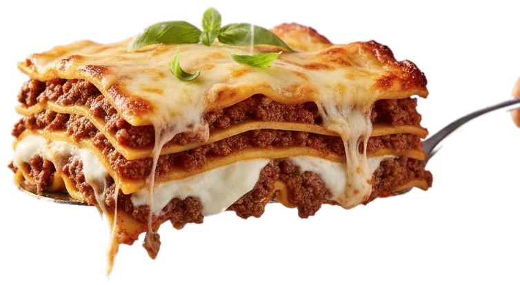 A slice of GoodMood beef lasagna with melted cheese