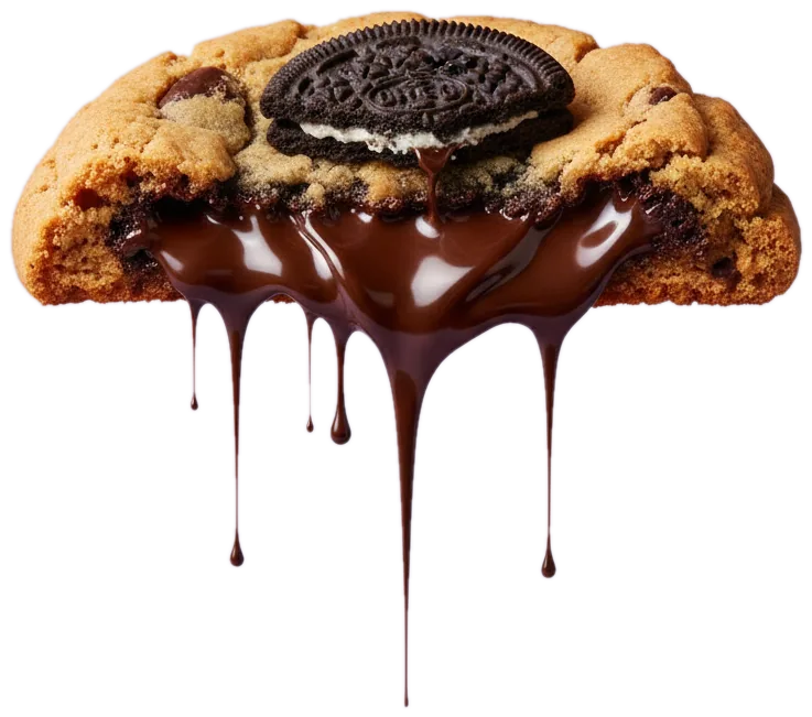 A broken GoodMood cookie chunk with molten chocolate